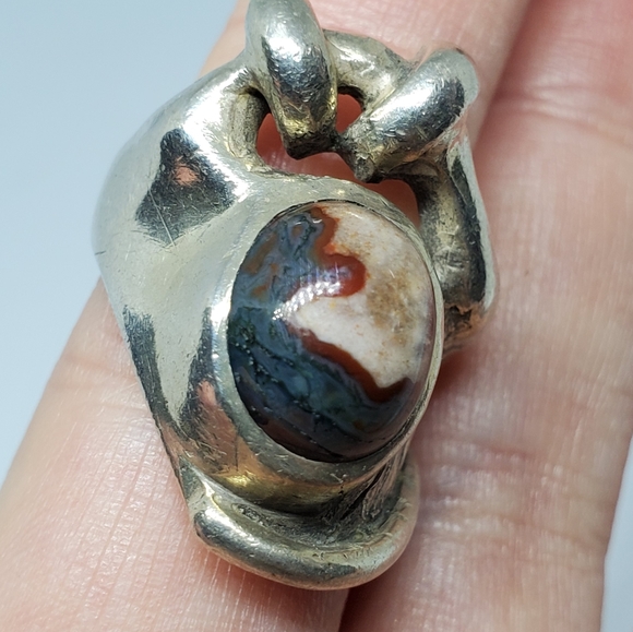 SOLD Modernist Sterling Silver Multicolor Agate Ring - Picture 2 of 11